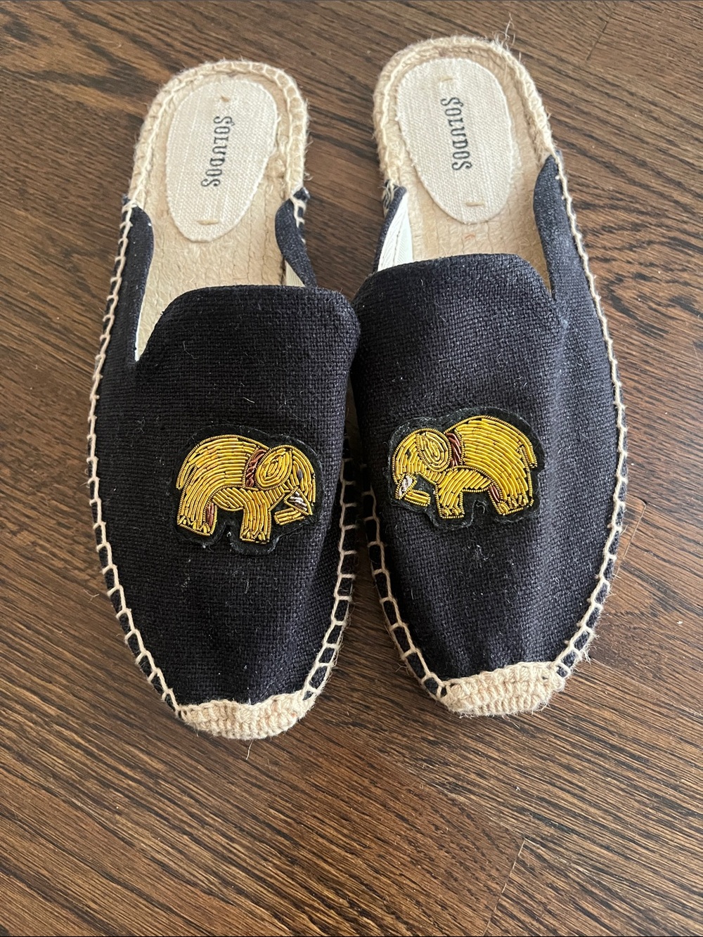 Soludos Black Slip-On Espadrilles with Yellow Elephant Patch